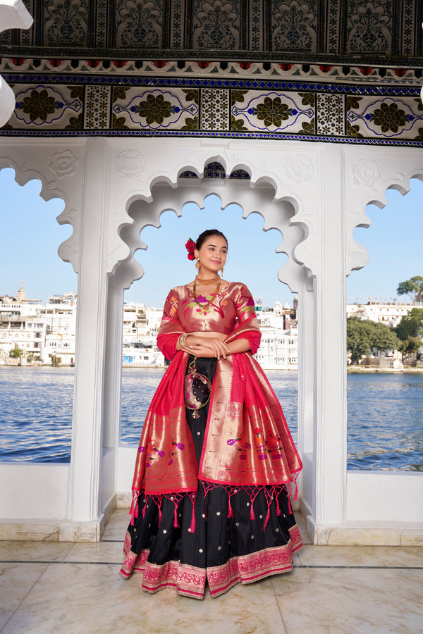 Lorenvalley Black Jacquard Silk Paithani Weaving Zari Work with Lace Touch Up Lehenga Choli with Dupatta