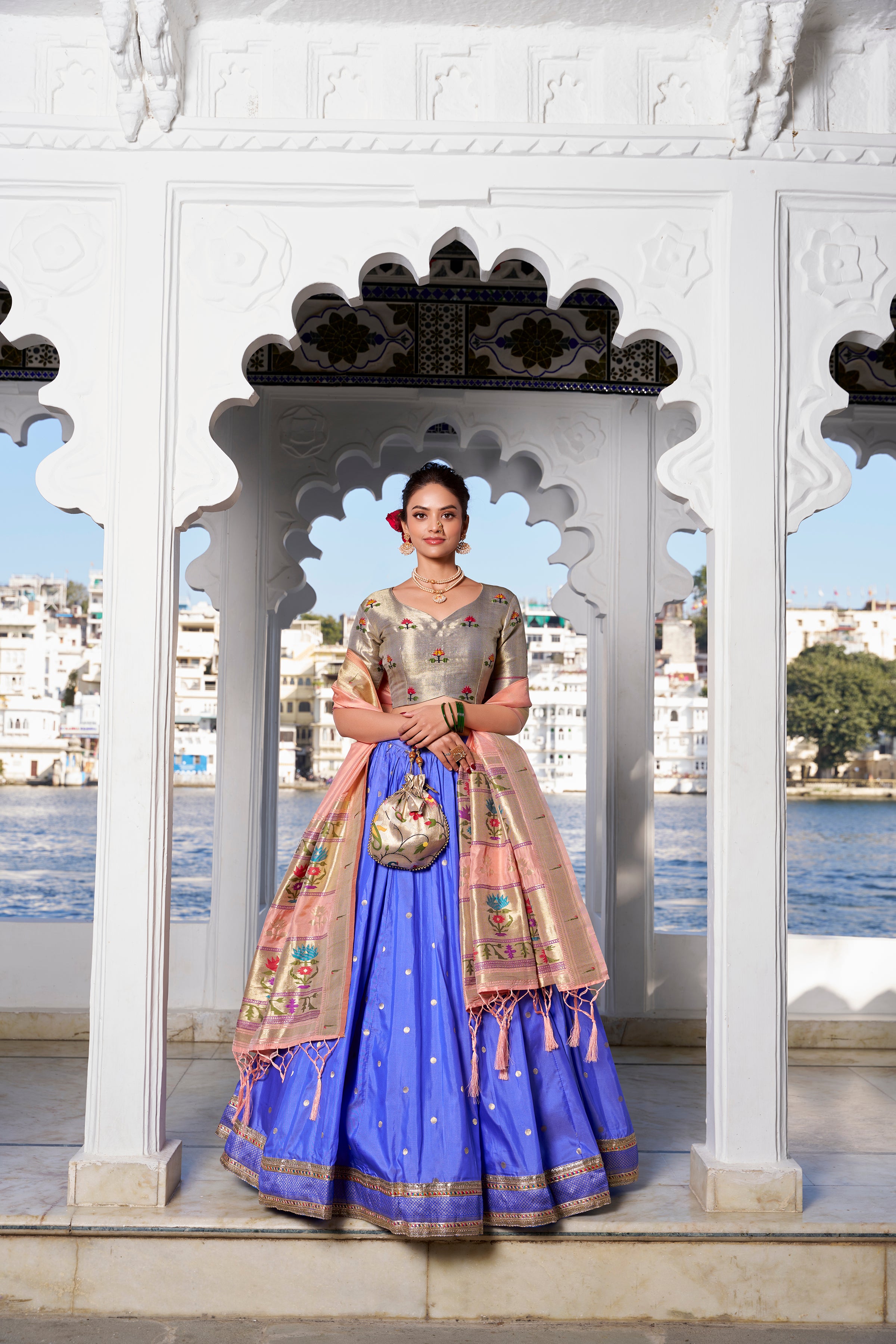 Lorenvalley Blue Jacquard Silk Paithani Weaving Zari Work with Lace Touch Up Lehenga Choli with Dupatta - Distacart