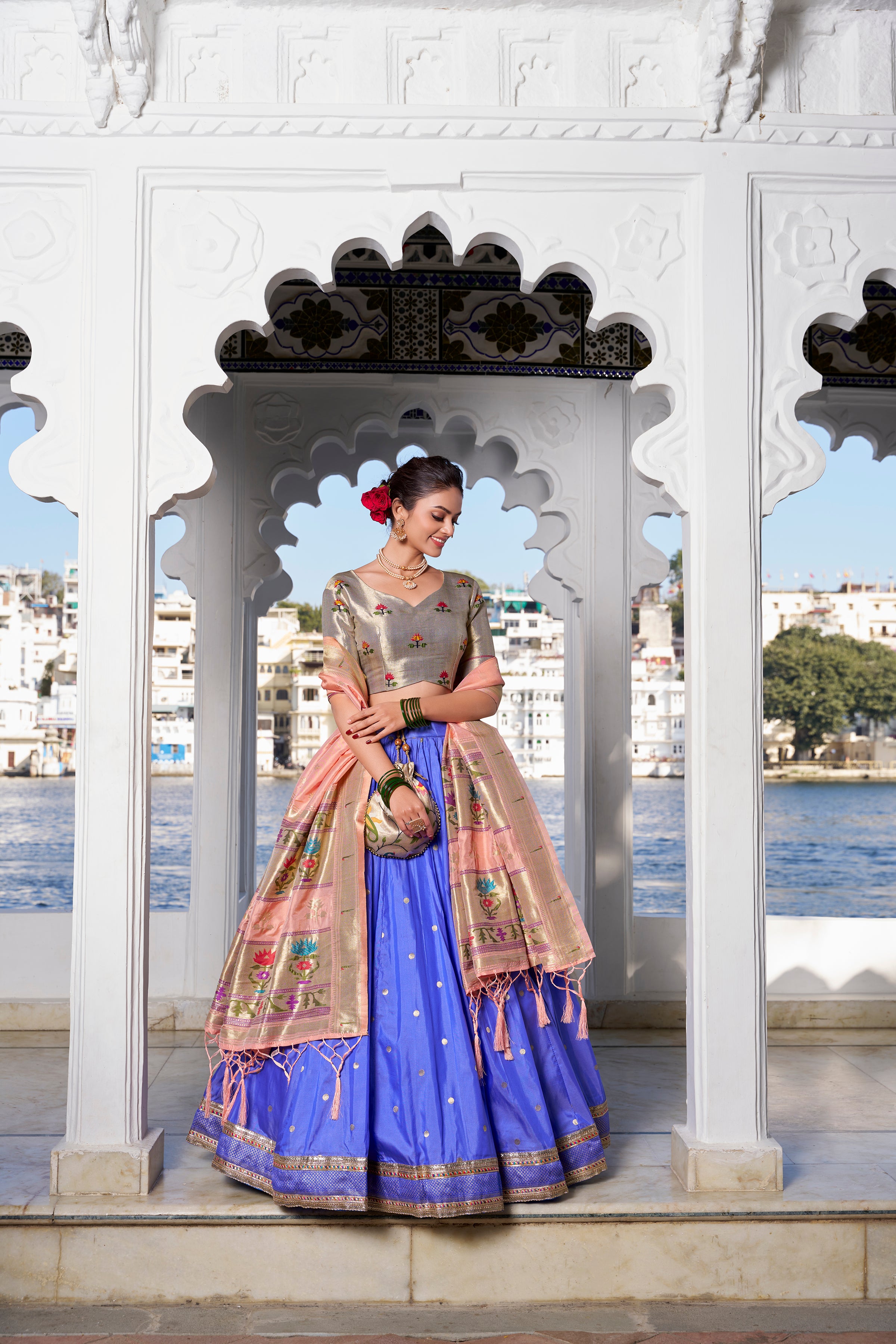 Lorenvalley Blue Jacquard Silk Paithani Weaving Zari Work with Lace Touch Up Lehenga Choli with Dupatta - Distacart