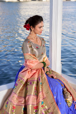 Thumbnail for Lorenvalley Blue Jacquard Silk Paithani Weaving Zari Work with Lace Touch Up Lehenga Choli with Dupatta