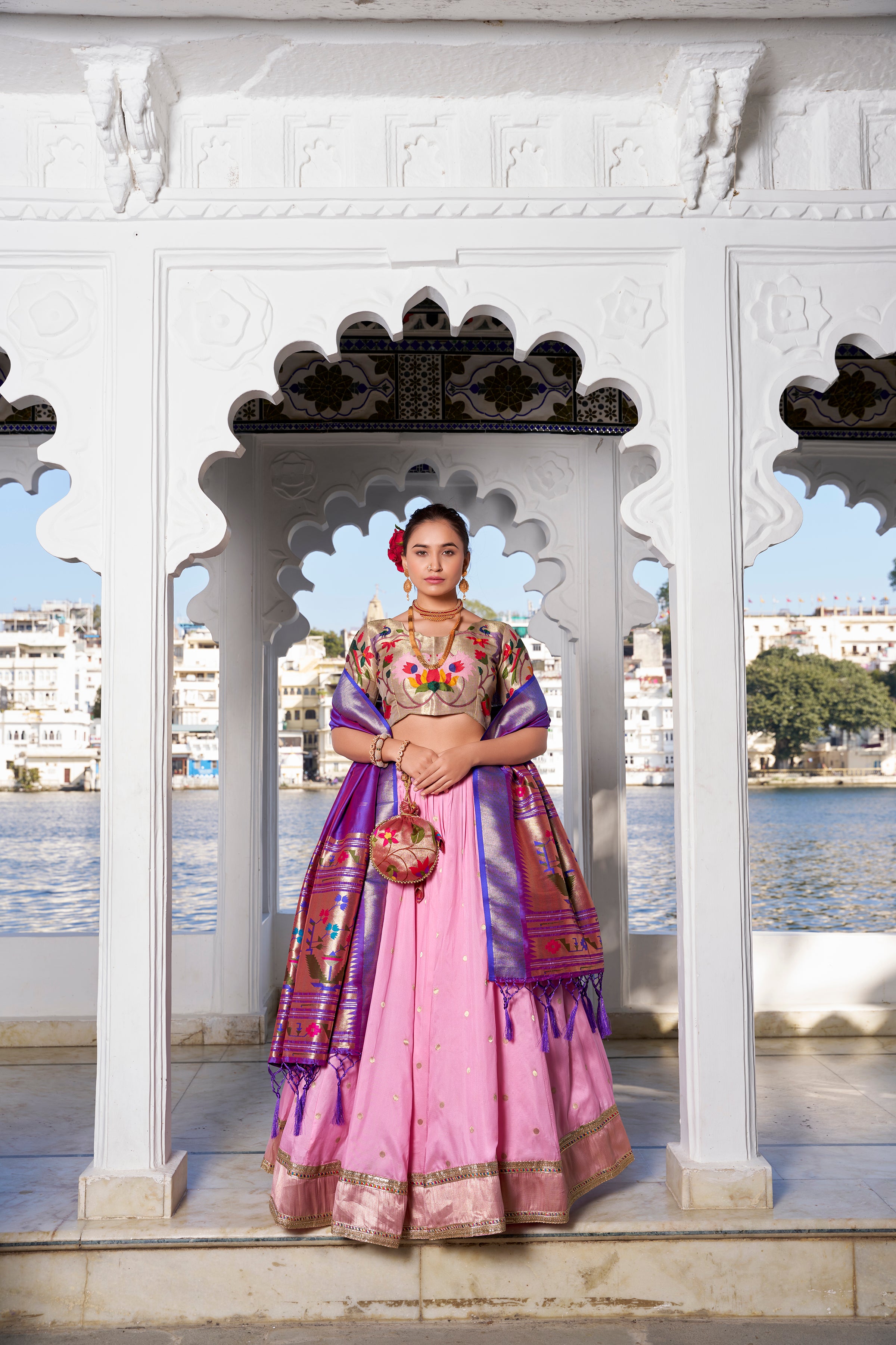 Lorenvalley Pink Jacquard Silk Paithani Weaving Zari Work with Lace Touch Up Lehenga Choli with Dupatta - Distacart