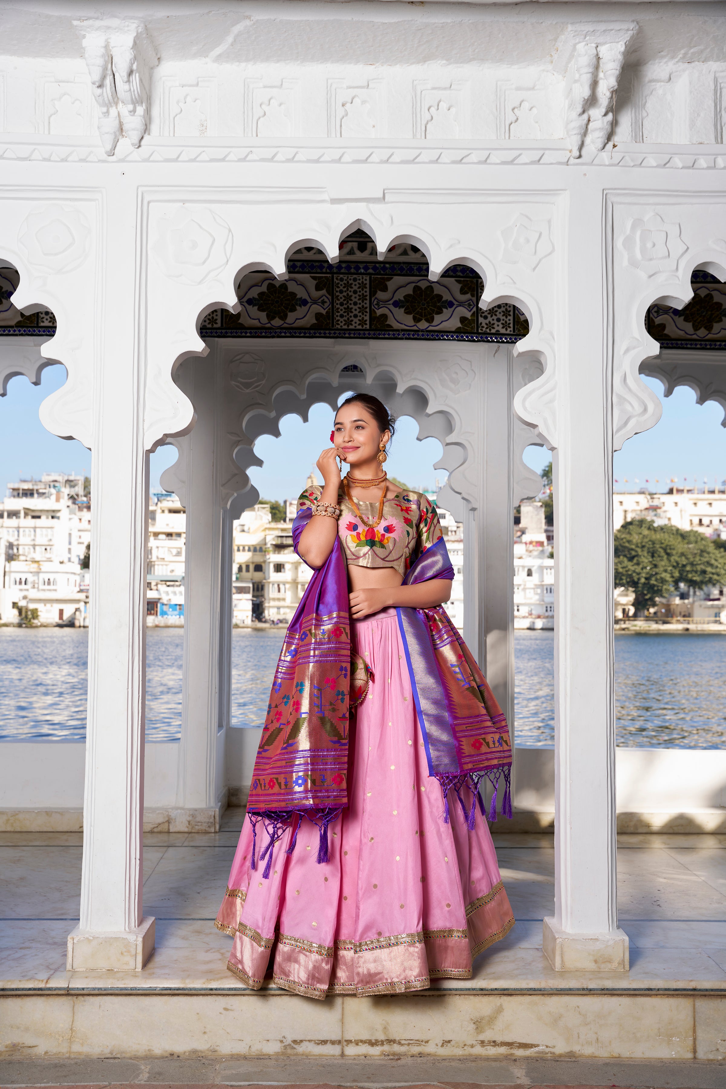 Lorenvalley Pink Jacquard Silk Paithani Weaving Zari Work with Lace Touch Up Lehenga Choli with Dupatta - Distacart