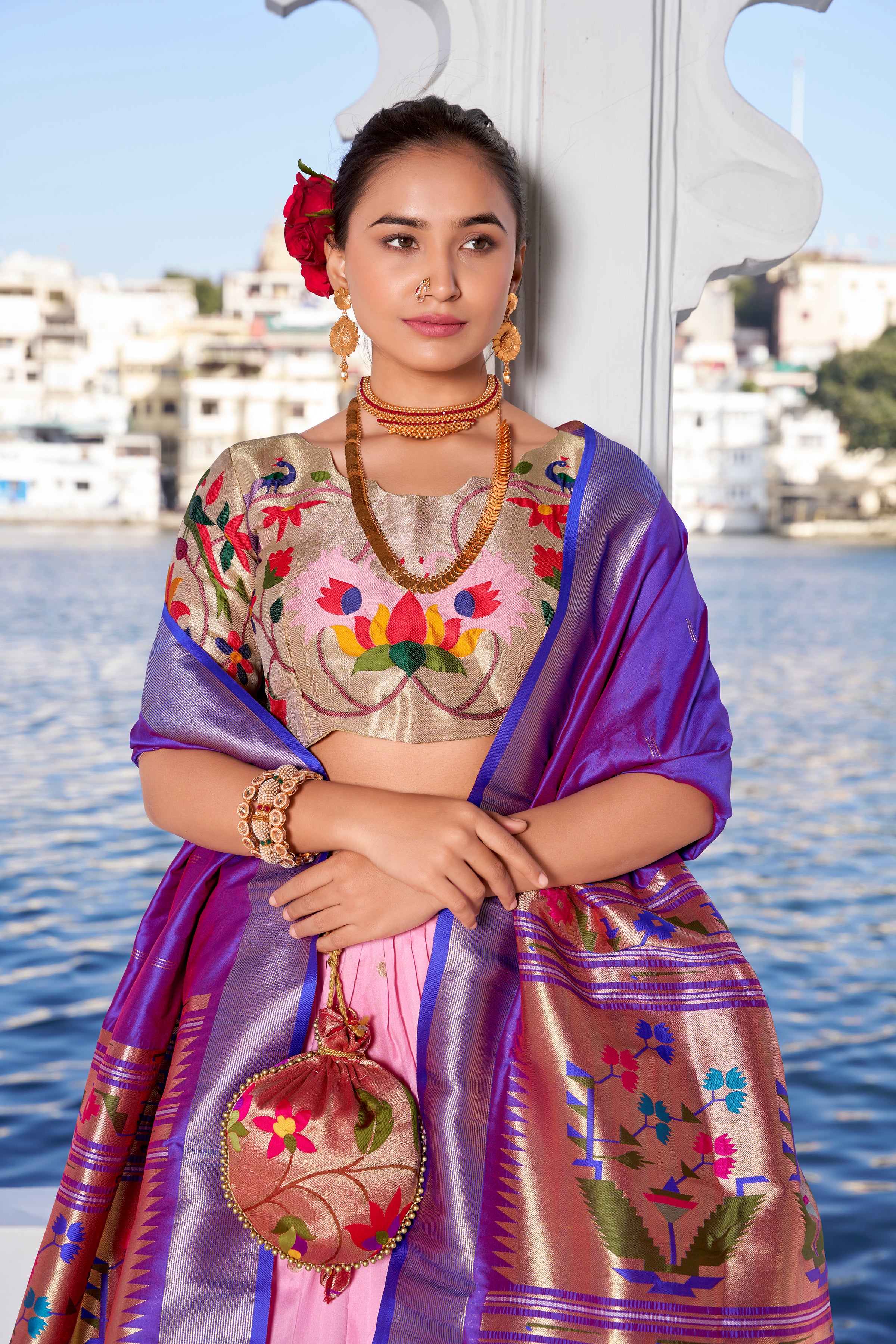 Lorenvalley Pink Jacquard Silk Paithani Weaving Zari Work with Lace Touch Up Lehenga Choli with Dupatta