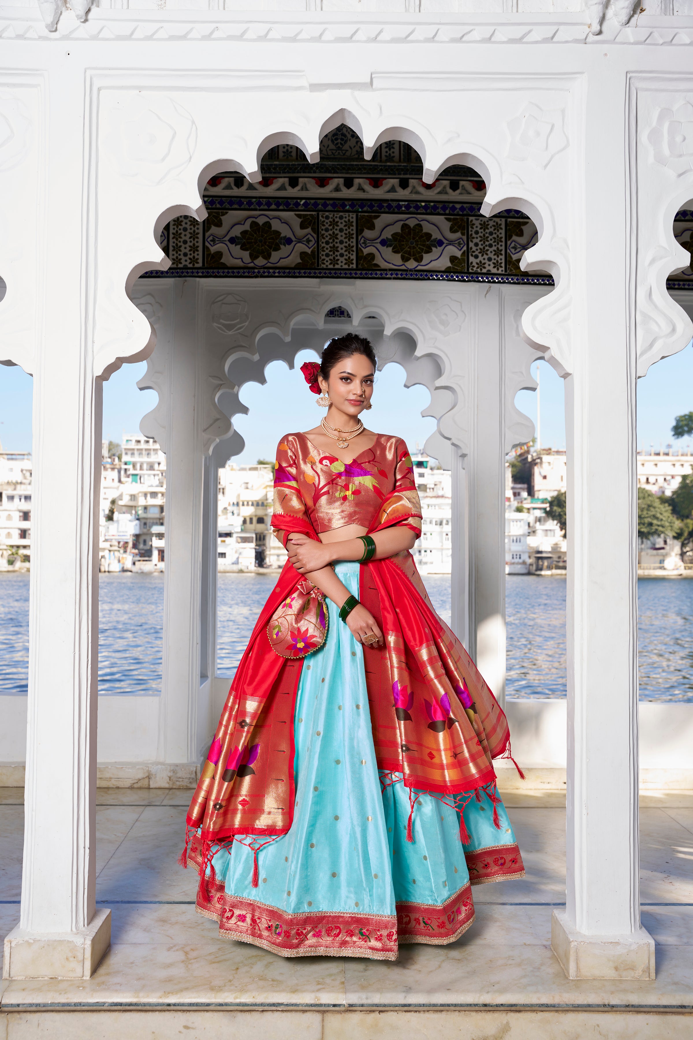Lorenvalley Sky Blue Jacquard Silk Paithani Weaving Zari Work with Lace Touch Up Lehenga Choli with Dupatta - Distacart