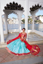 Thumbnail for Lorenvalley Sky Blue Jacquard Silk Paithani Weaving Zari Work with Lace Touch Up Lehenga Choli with Dupatta