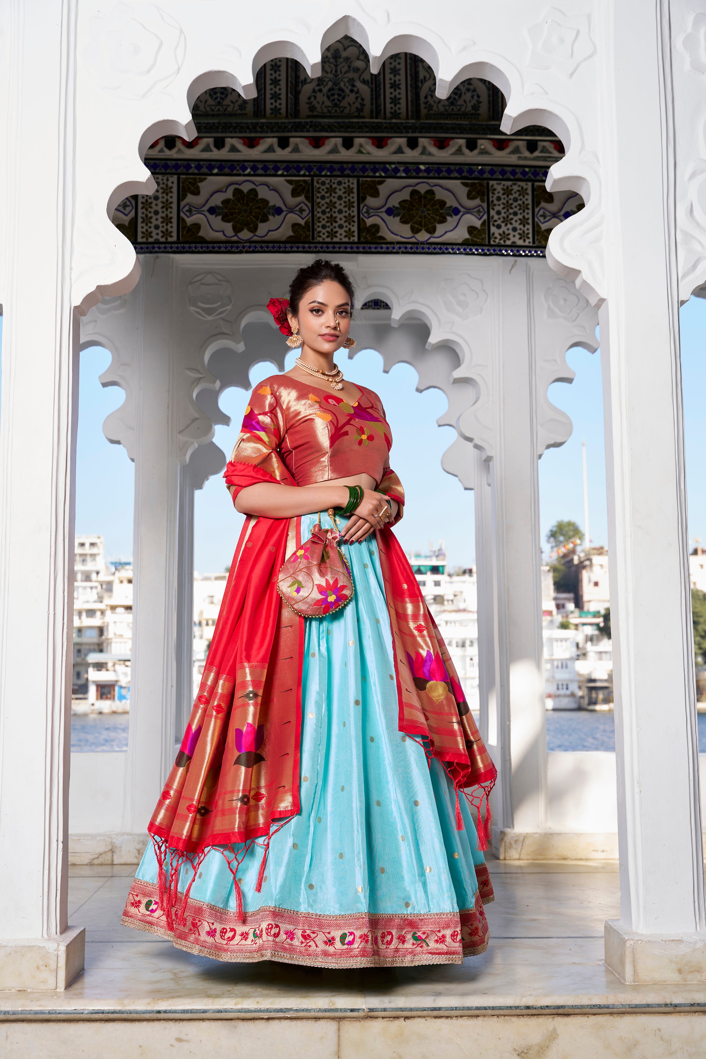 Lorenvalley Sky Blue Jacquard Silk Paithani Weaving Zari Work with Lace Touch Up Lehenga Choli with Dupatta
