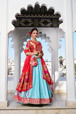 Thumbnail for Lorenvalley Sky Blue Jacquard Silk Paithani Weaving Zari Work with Lace Touch Up Lehenga Choli with Dupatta