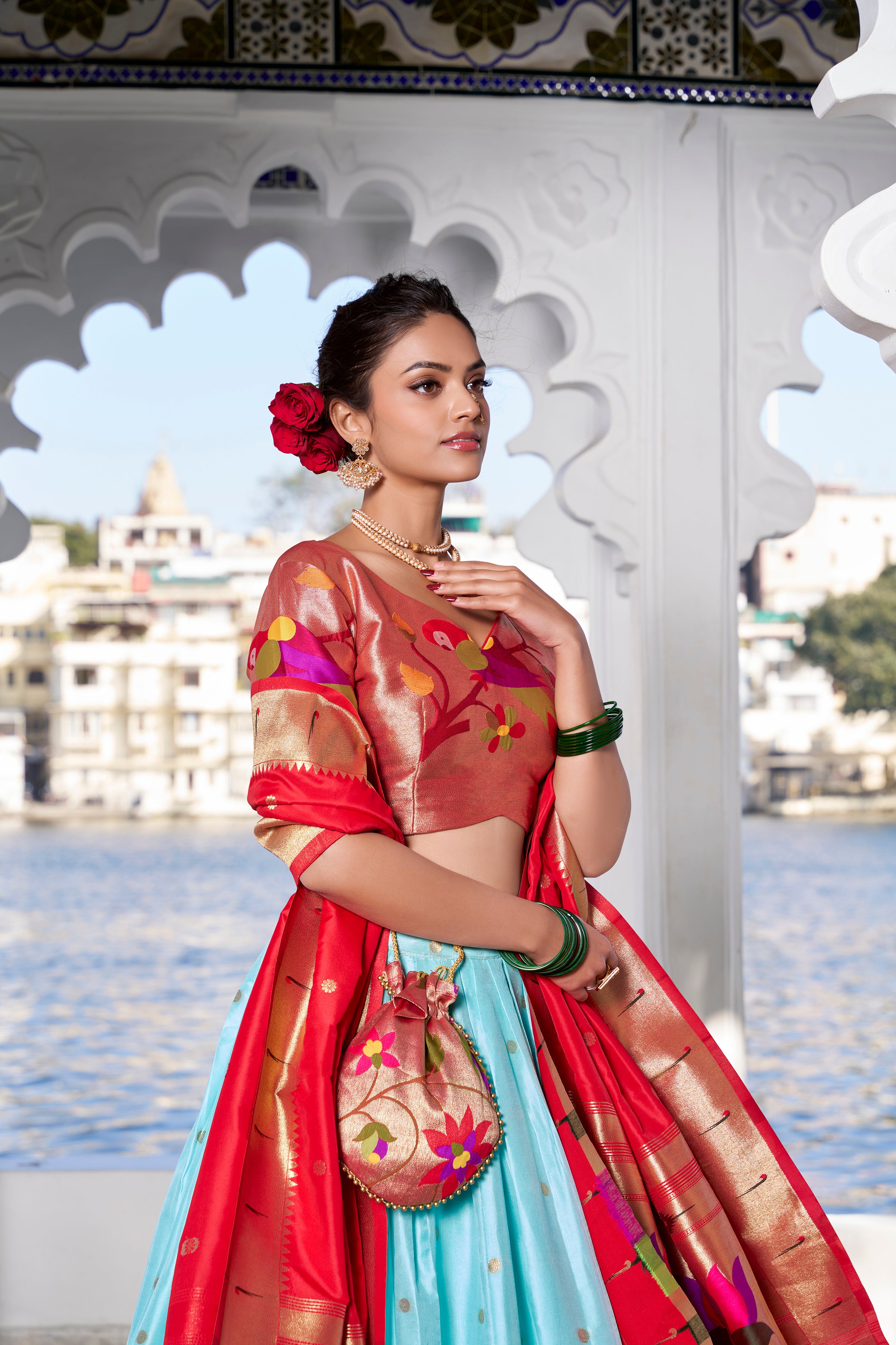 Lorenvalley Sky Blue Jacquard Silk Paithani Weaving Zari Work with Lace Touch Up Lehenga Choli with Dupatta