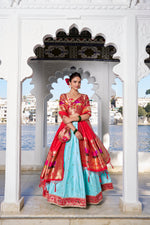 Thumbnail for Lorenvalley Sky Blue Jacquard Silk Paithani Weaving Zari Work with Lace Touch Up Lehenga Choli with Dupatta