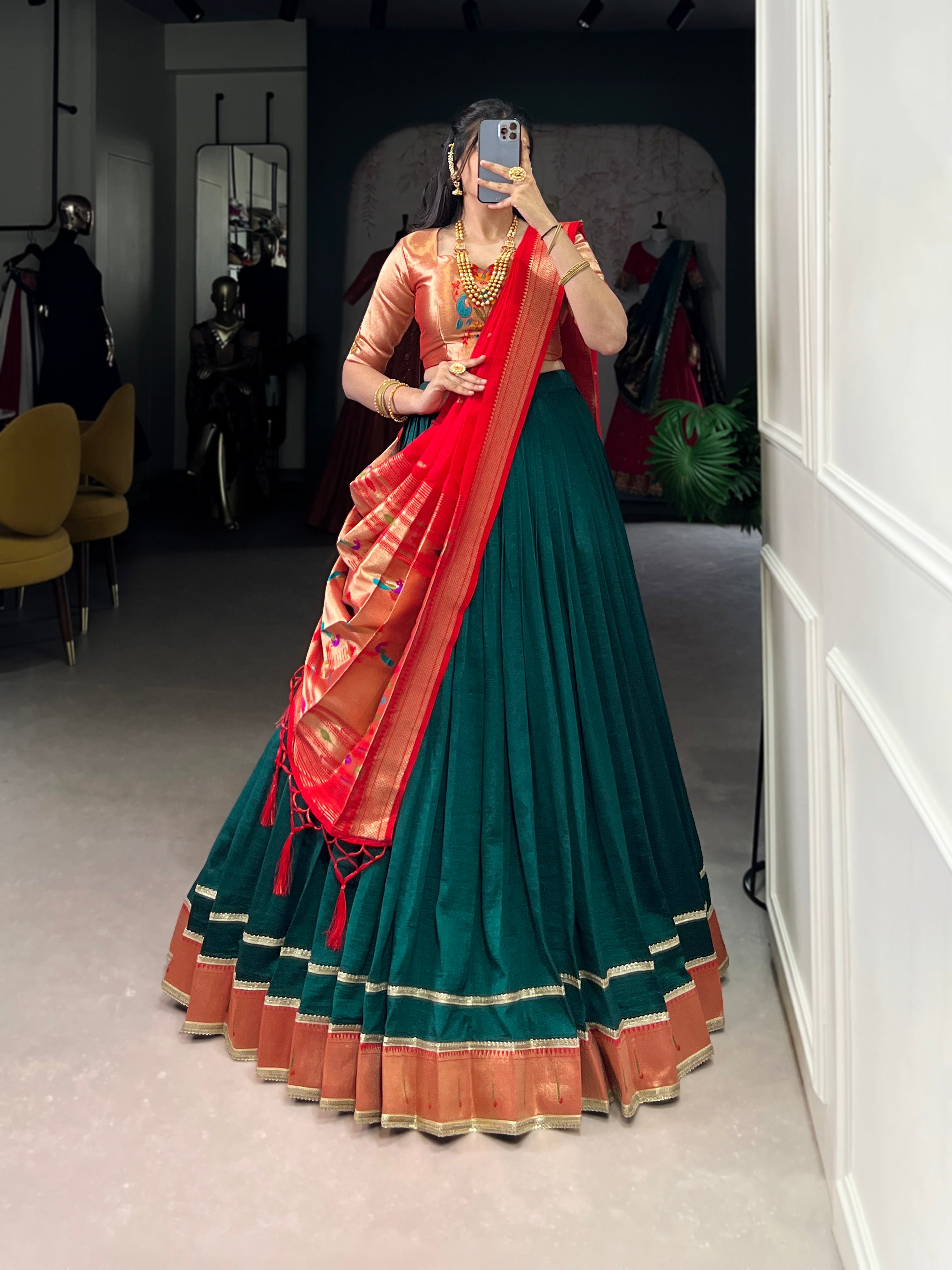 Lorenvalley Fashion Green Vichitra Silk Zari Weaving With Lace Border Lehenga Choli with Dupatta