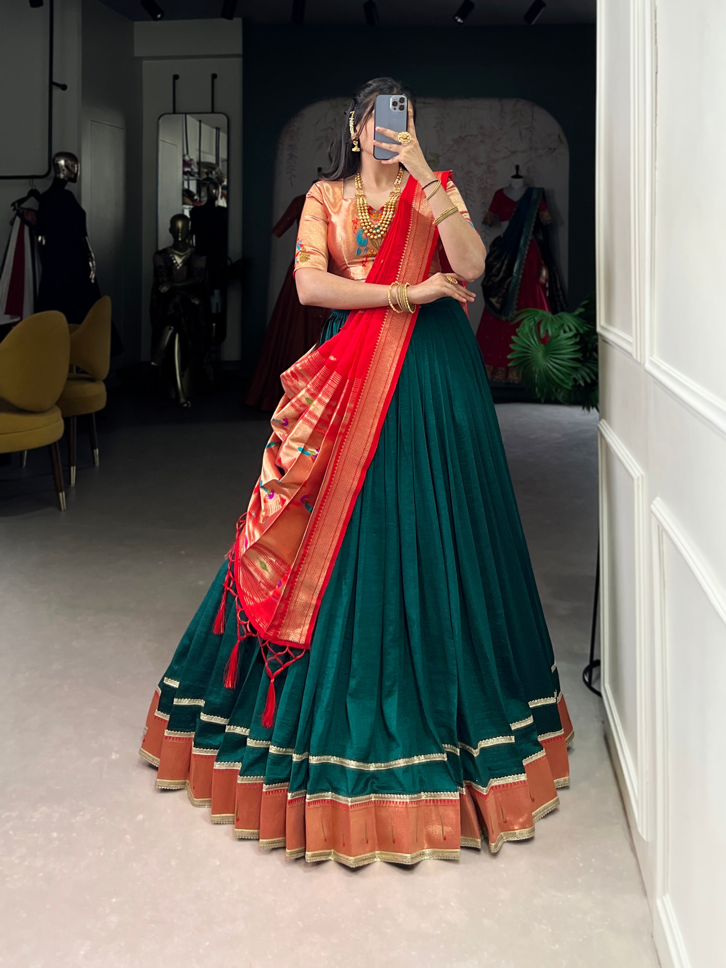 Lorenvalley Fashion Green Vichitra Silk Zari Weaving With Lace Border Lehenga Choli with Dupatta