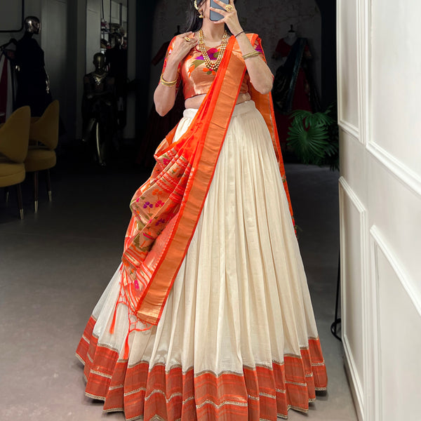 Lorenvalley Fashion Off White Vichitra Silk Zari Weaving With Lace Border Lehenga Choli with Dupatta - Distacart