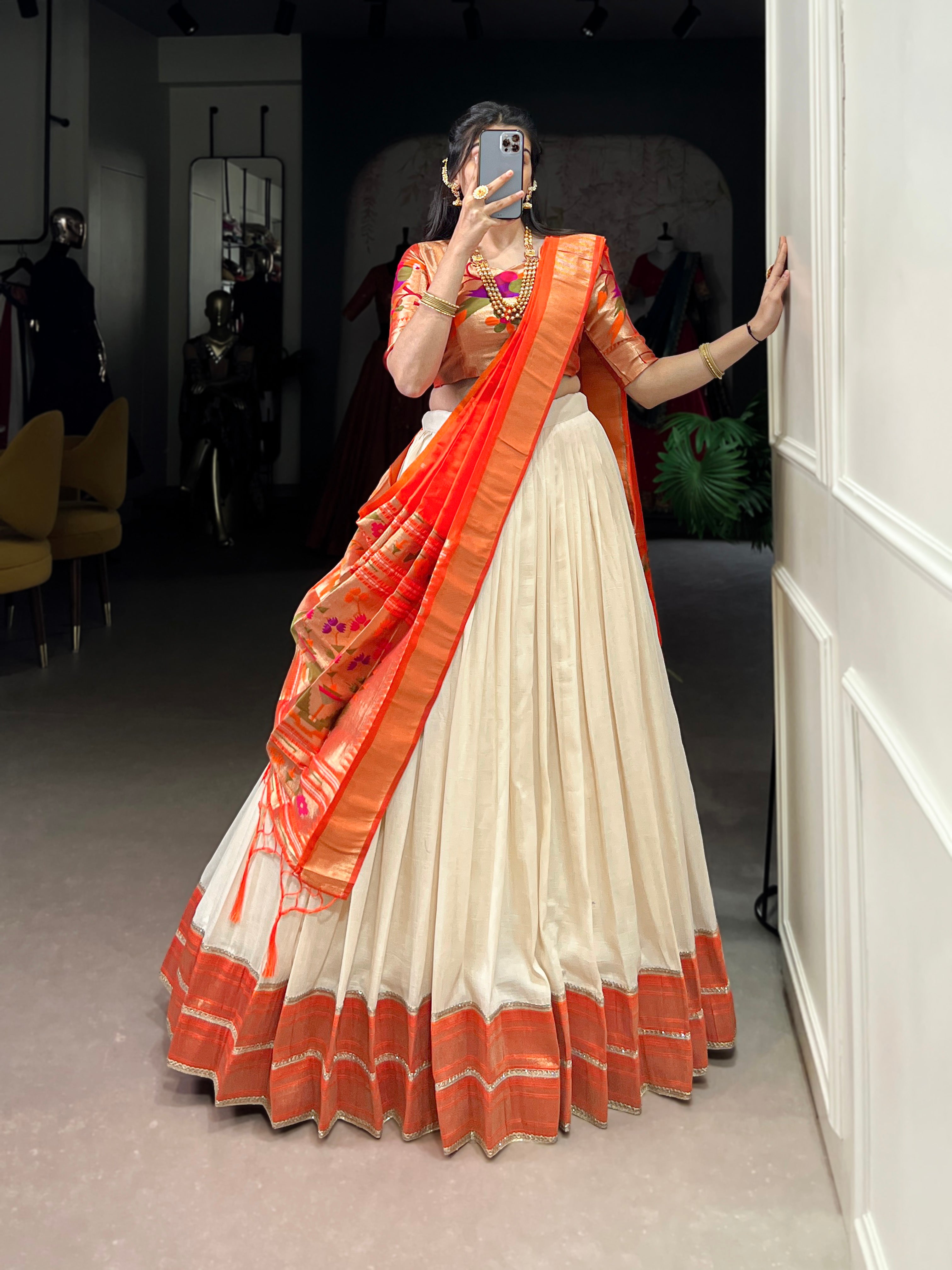 Lorenvalley Fashion Off White Vichitra Silk Zari Weaving With Lace Border Lehenga Choli with Dupatta - Distacart
