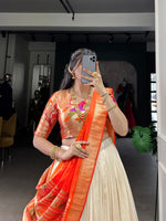Thumbnail for Lorenvalley Fashion Off White Vichitra Silk Zari Weaving With Lace Border Lehenga Choli with Dupatta