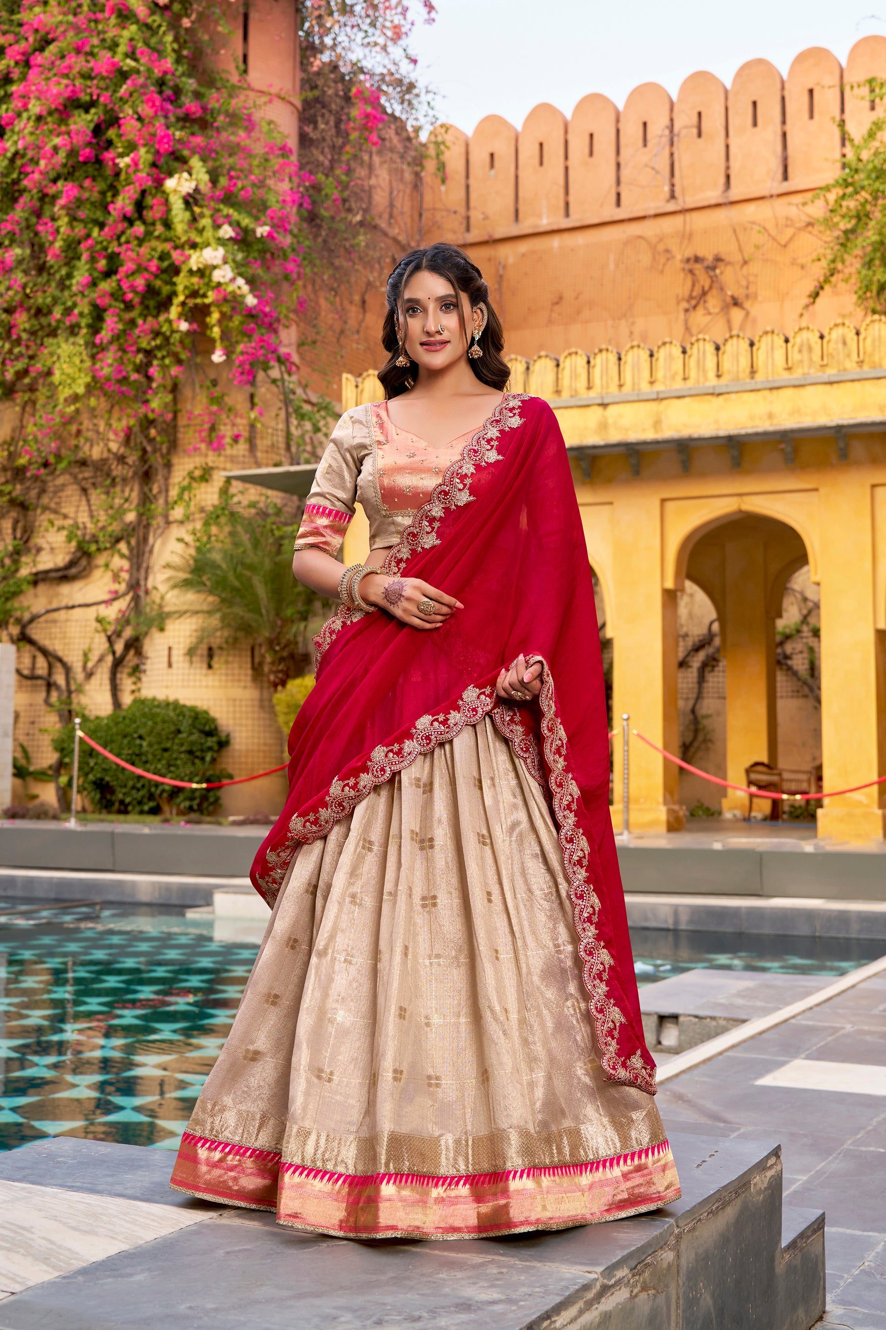 Lorenvalley Fashion Cream Slub Kota Zari Weaving Work with Paithani (Jacquard) Border Lehenga Choli with Dupatta - Dista