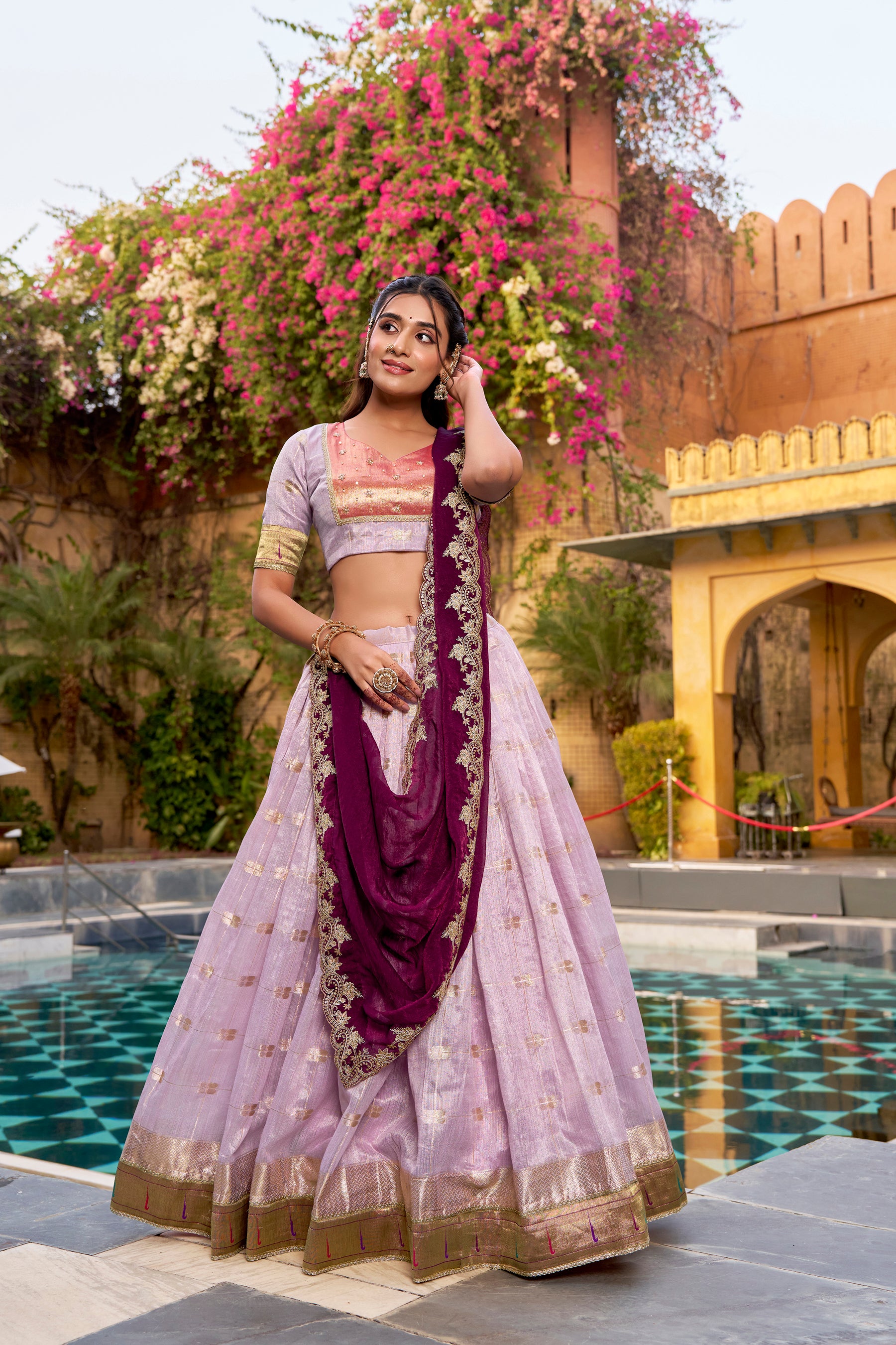 Lorenvalley Fashion Pink Slub Kota Zari Weaving Work with Paithani (Jacquard) Border Lehenga Choli with Dupatta - Dista