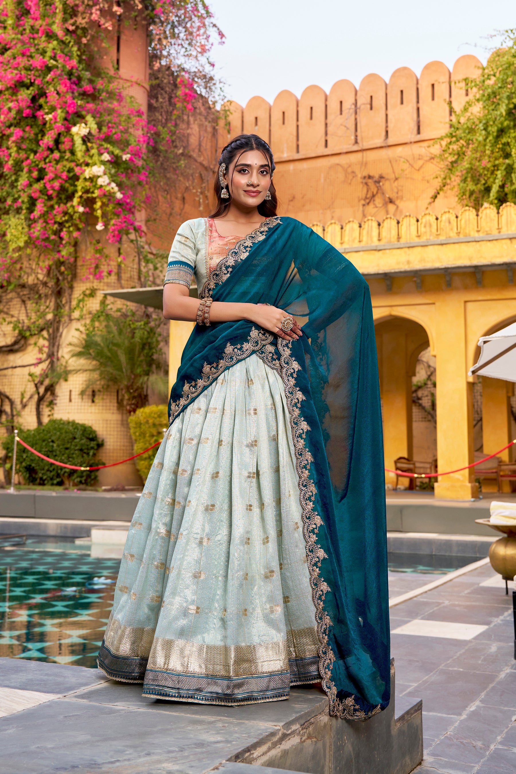 Lorenvalley Fashion Skyblue Slub Kota Zari Weaving Work with Paithani (Jacquard) Border Lehenga Choli with Dupatta - Dista