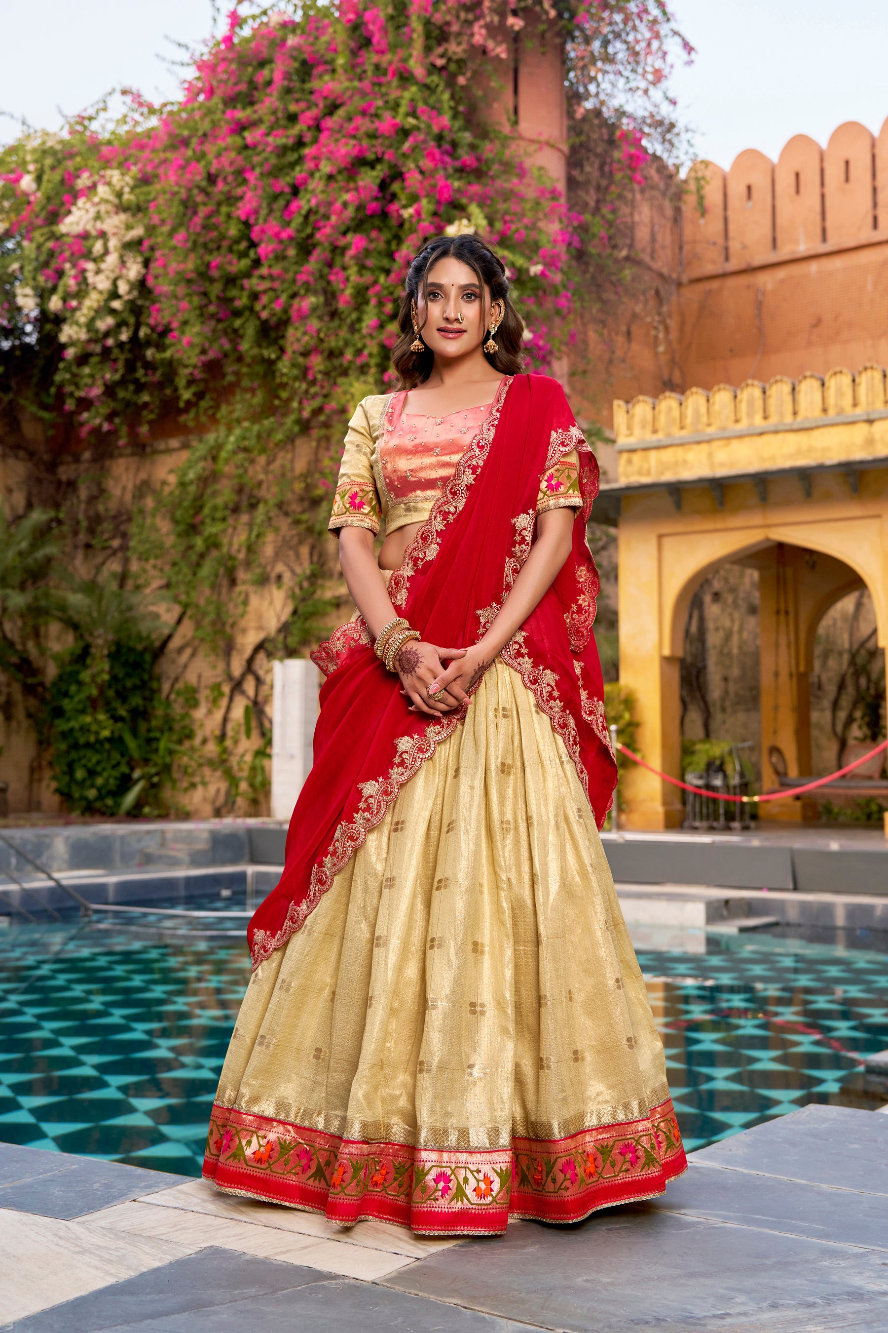 Lorenvalley Fashion Yellow Slub Kota Zari Weaving Work with Paithani (Jacquard) Border Lehenga Choli with Dupatta - Dista