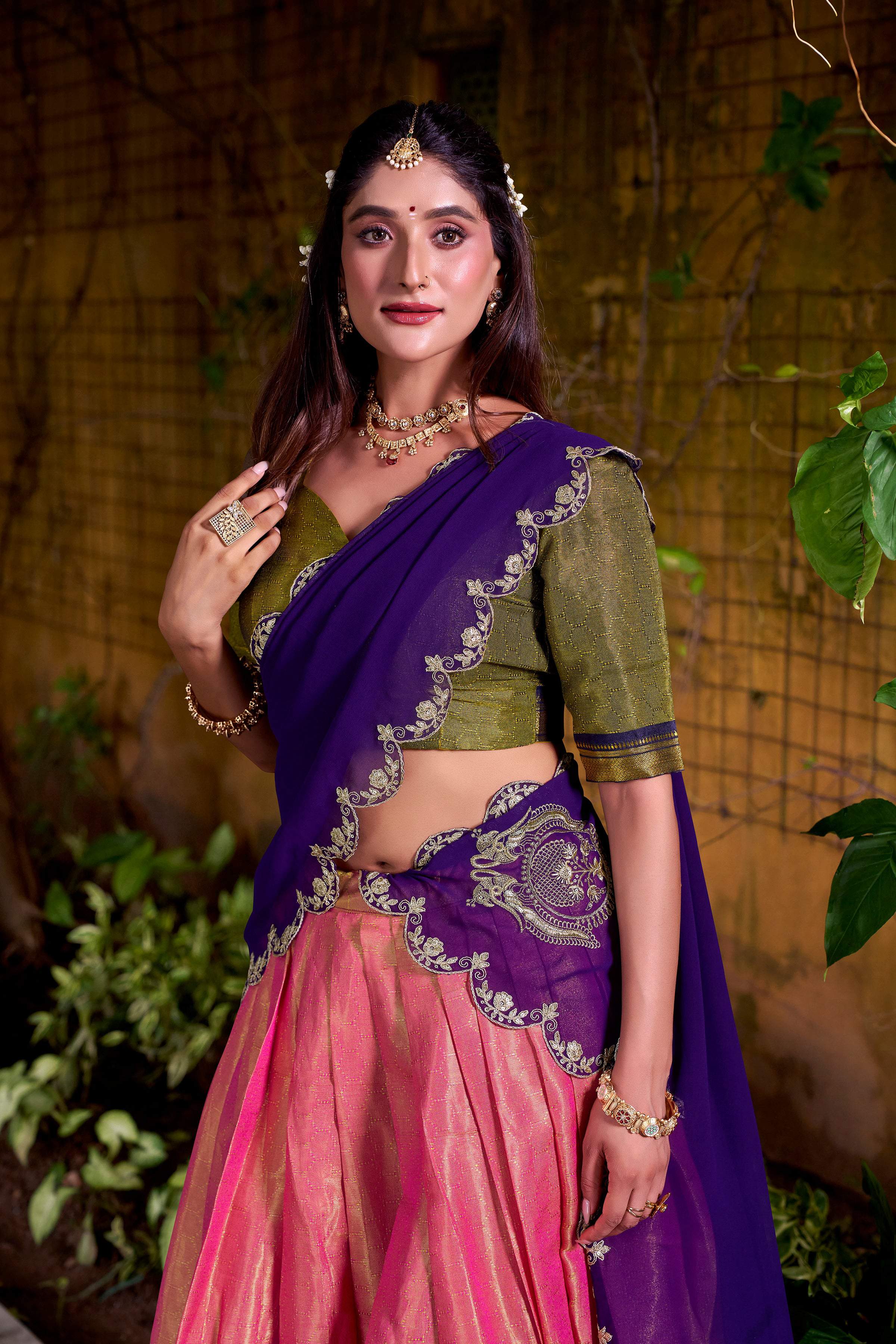 Lorenvalley Fashion Pink Kanchipuram Zari Weaving Work Lehenga Choli with Dupatta