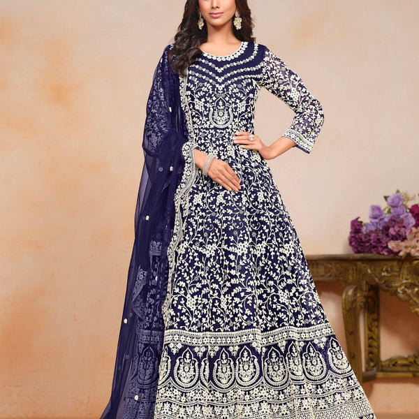 Anaita Navy_Blue Embroidered Net Anarkali Suit - Distacart