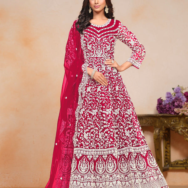 Anaita Magenta Embroidered Net Anarkali Suit - Distacart