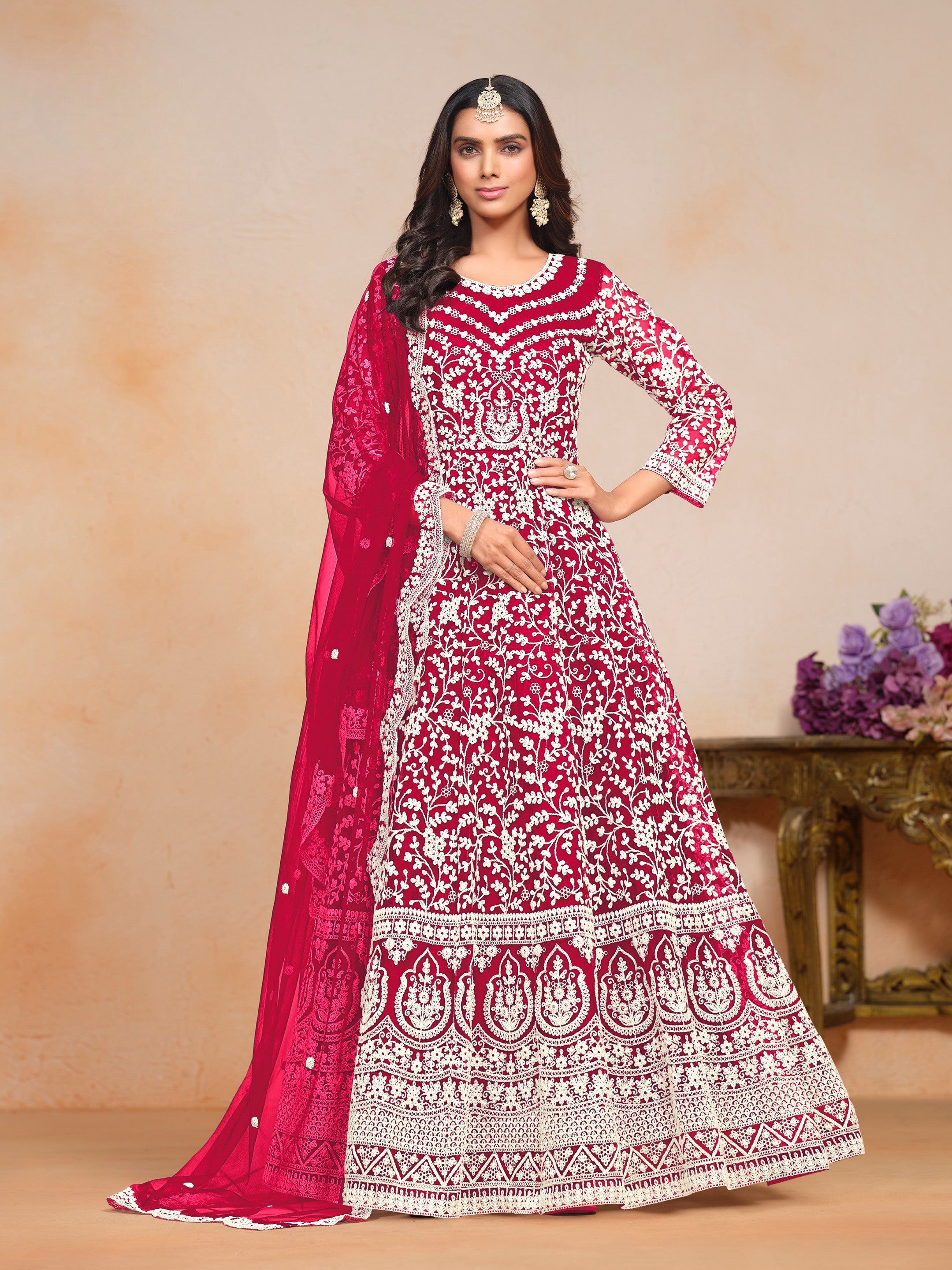 Anaita Magenta Embroidered Net Anarkali Suit - Distacart