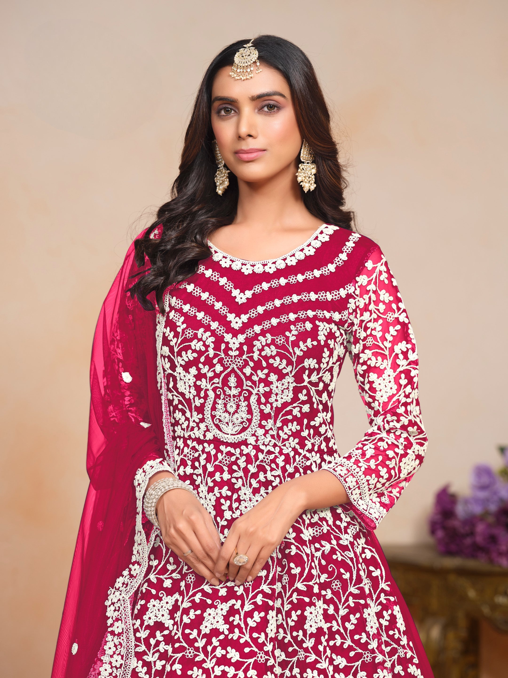 Anaita Magenta Embroidered Net Anarkali Suit - Distacart