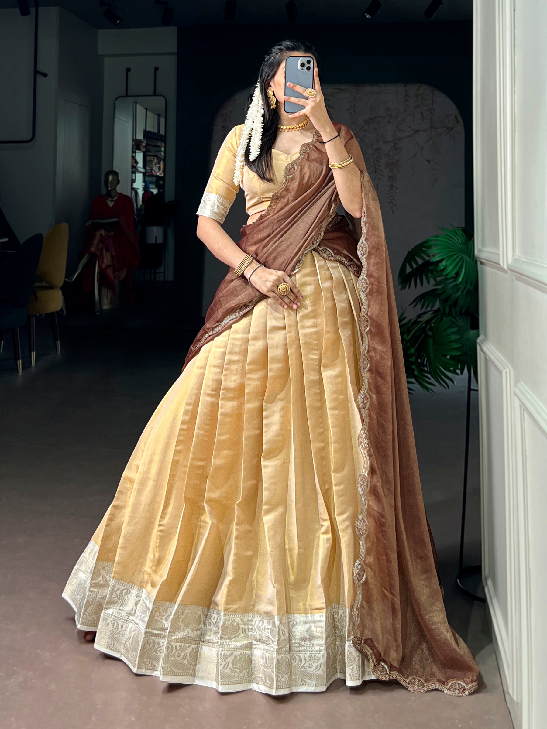 Lorenvalley Fashion Cream Kanchipuram Zari Weaving Work Lehenga Choli with Dupatta - Dista