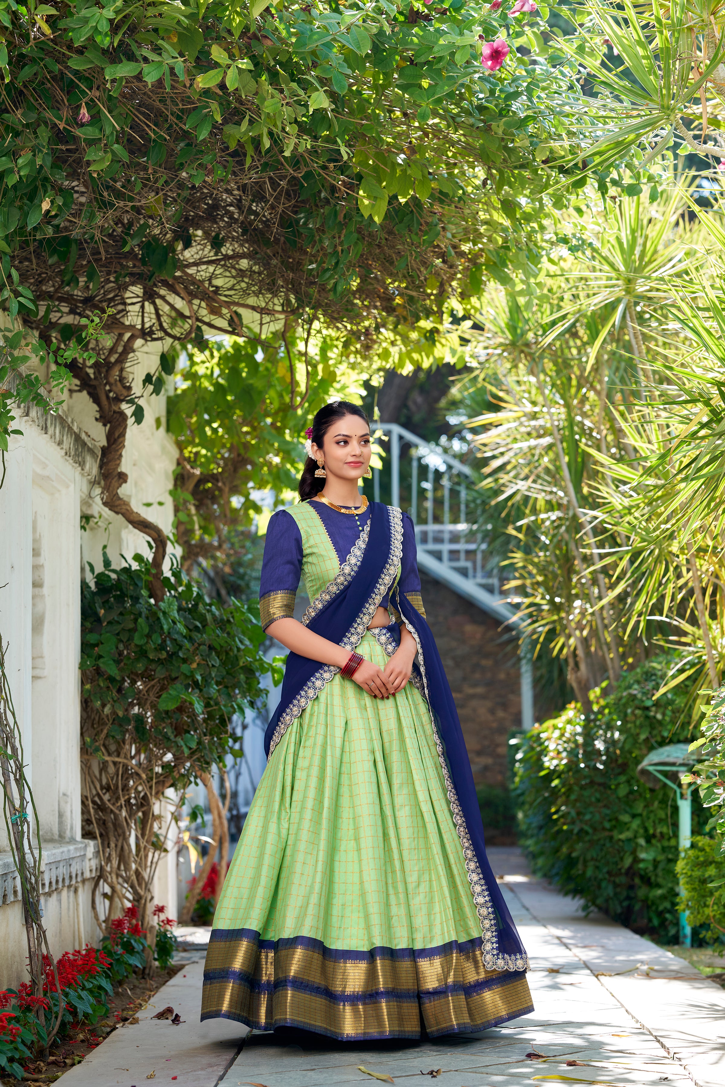 Lorenvalley Pista Zari Chex with Zari Weaving Work Lehenga Choli with Dupatta - Distacart
