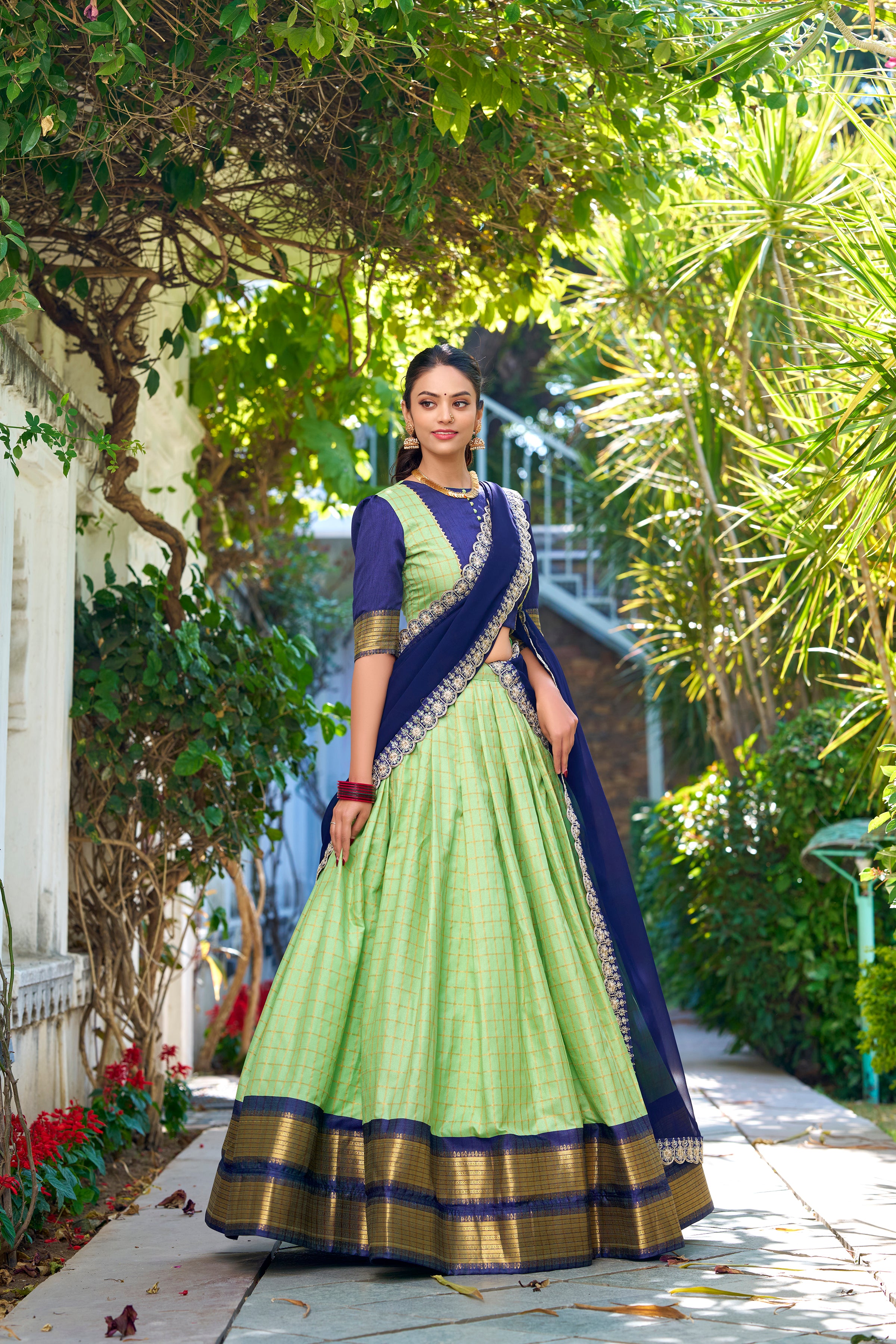 Lorenvalley Pista Zari Chex with Zari Weaving Work Lehenga Choli with Dupatta - Distacart