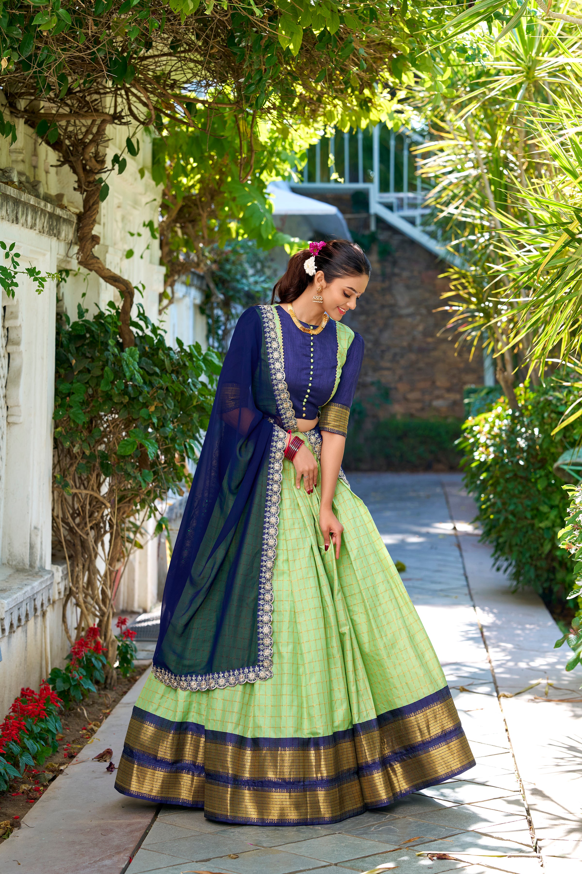 Lorenvalley Pista Zari Chex with Zari Weaving Work Lehenga Choli with Dupatta