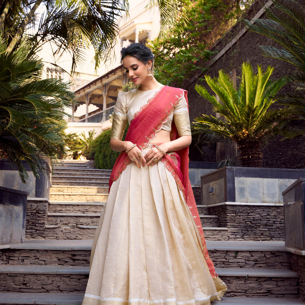 Lorenvalley Offwhite Jacquard Chex Zari Weaving Work Lehenga Choli with Dupatta - Distacart