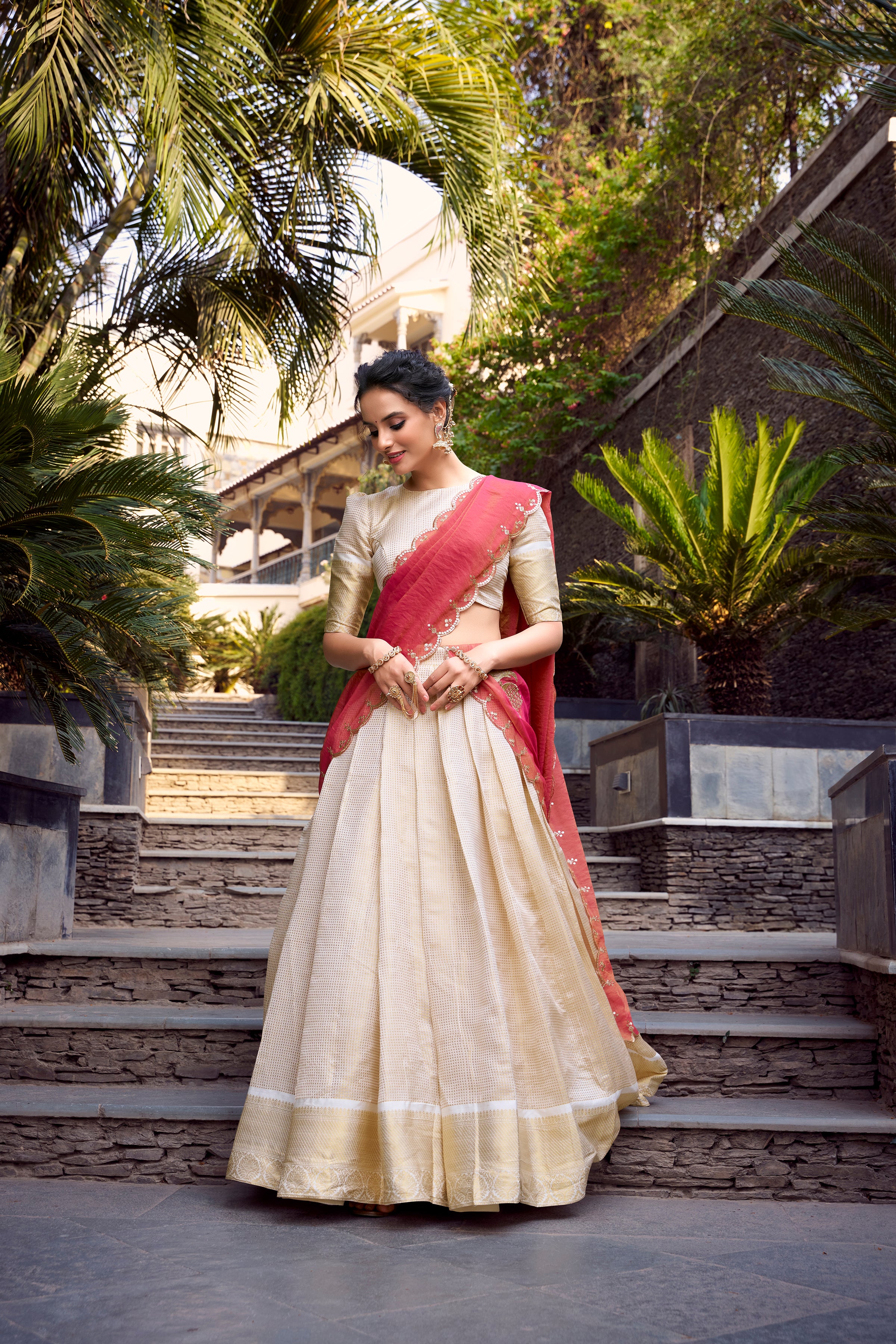 Lorenvalley Offwhite Jacquard Chex Zari Weaving Work Lehenga Choli with Dupatta - Distacart