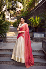 Thumbnail for Lorenvalley Offwhite Jacquard Chex Zari Weaving Work Lehenga Choli with Dupatta