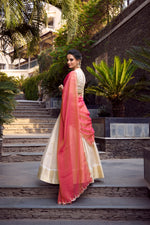 Thumbnail for Lorenvalley Offwhite Jacquard Chex Zari Weaving Work Lehenga Choli with Dupatta