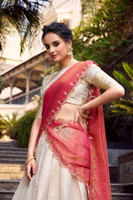 Thumbnail for Lorenvalley Offwhite Jacquard Chex Zari Weaving Work Lehenga Choli with Dupatta