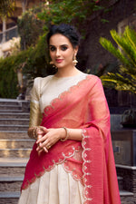 Thumbnail for Lorenvalley Offwhite Jacquard Chex Zari Weaving Work Lehenga Choli with Dupatta