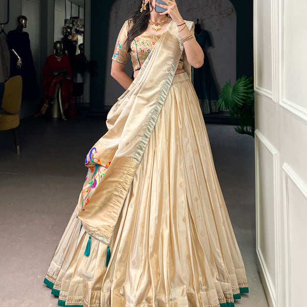 Lorenvalley Fashion Cream Shimmer Paithani Zari Weaving Work Lehenga Choli with Dupatta