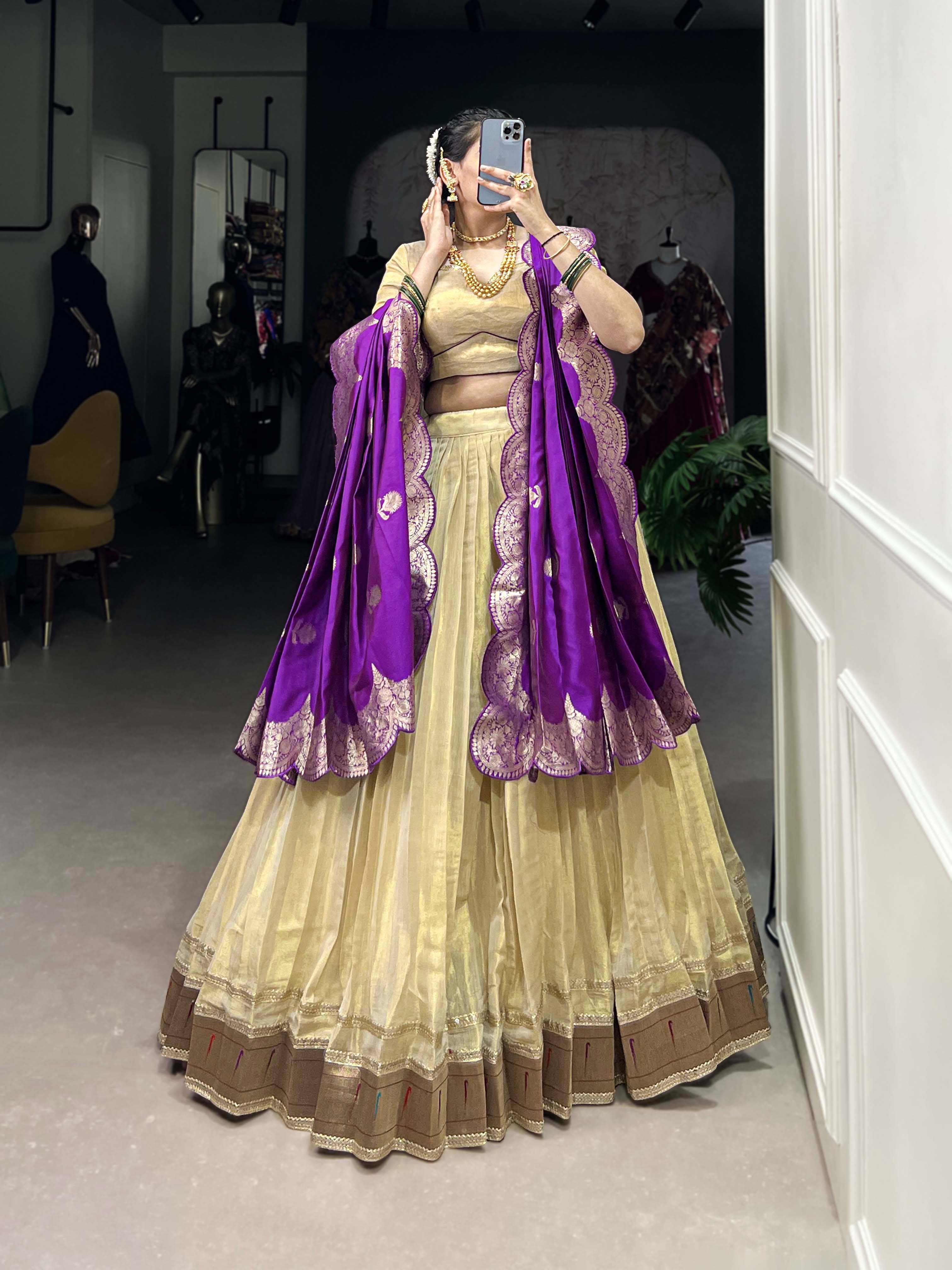 Lorenvalley Cream Erode Plain With Paithani Lace Border Lehenga Choli with Dupatta - Distacart