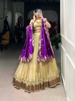 Thumbnail for Lorenvalley Cream Erode Plain With Paithani Lace Border Lehenga Choli with Dupatta - Distacart