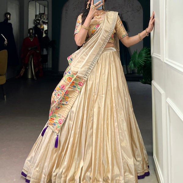 Lorenvalley Fashion Cream Shimmer Paithani Zari Weaving Work Lehenga Choli with Dupatta