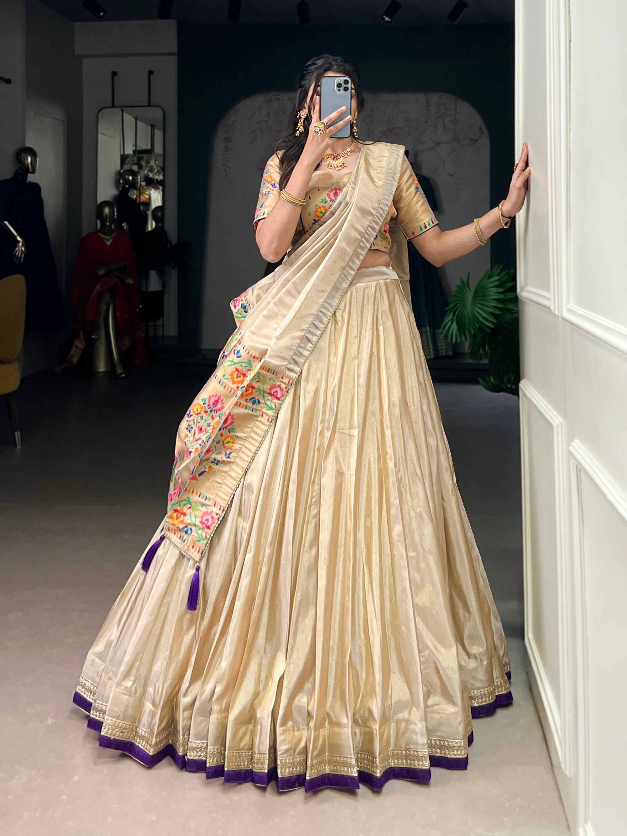 Lorenvalley Fashion Cream Shimmer Paithani Zari Weaving Work Lehenga Choli with Dupatta - Distacart