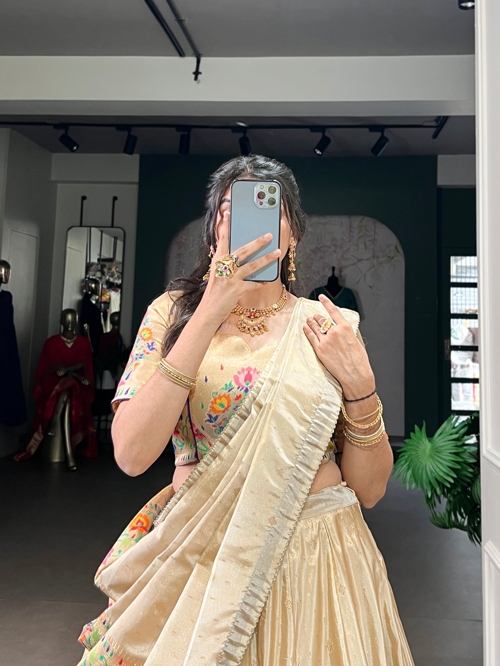 Lorenvalley Fashion Cream Shimmer Paithani Zari Weaving Work Lehenga Choli with Dupatta