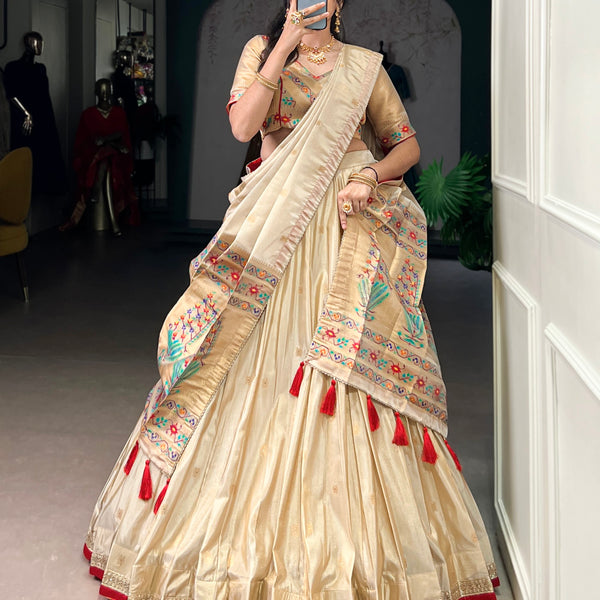 Lorenvalley Fashion Cream Shimmer Paithani Zari Weaving Work Lehenga Choli with Dupatta - Distacart