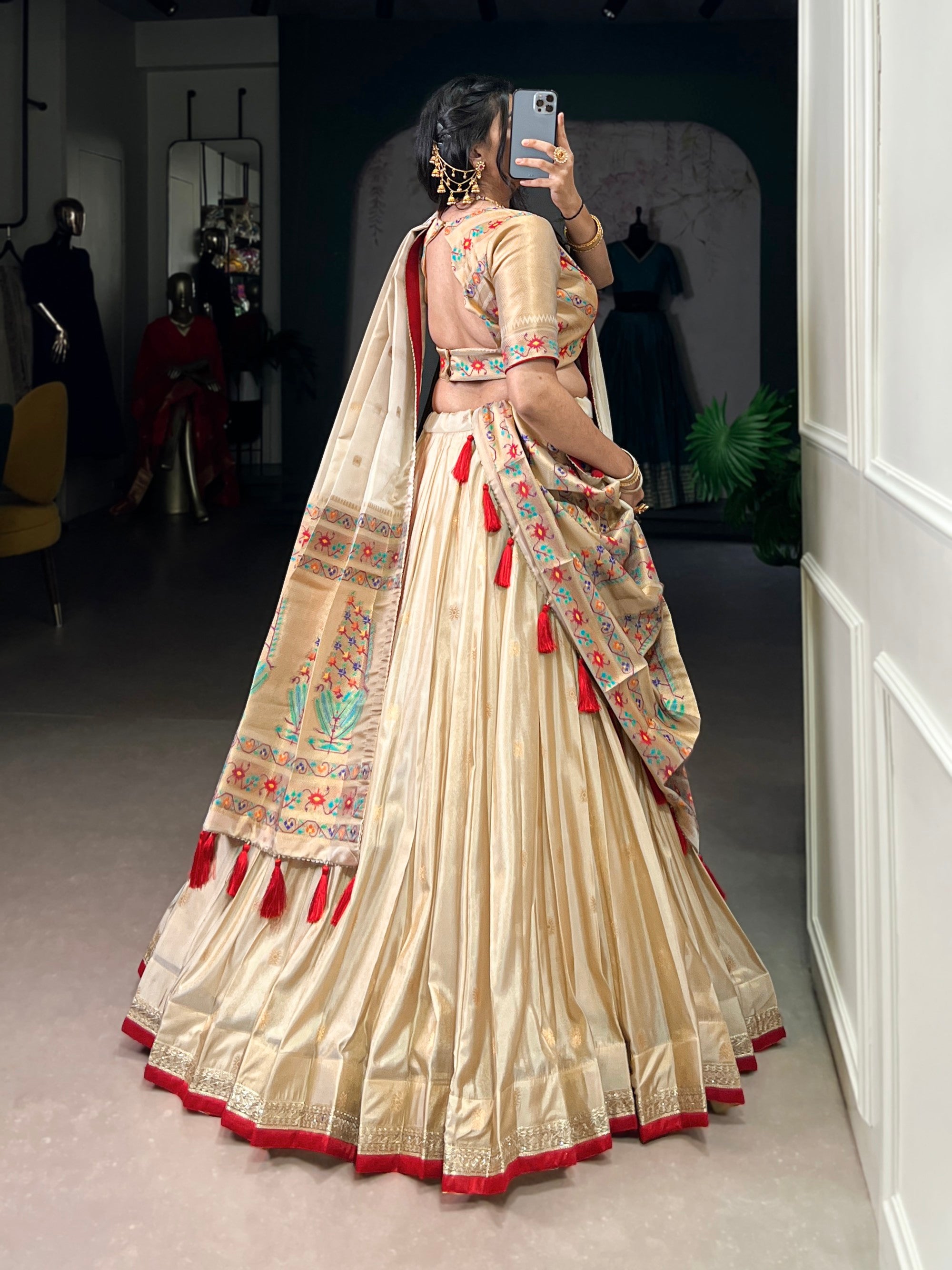 Lorenvalley Fashion Cream Shimmer Paithani Zari Weaving Work Lehenga Choli with Dupatta