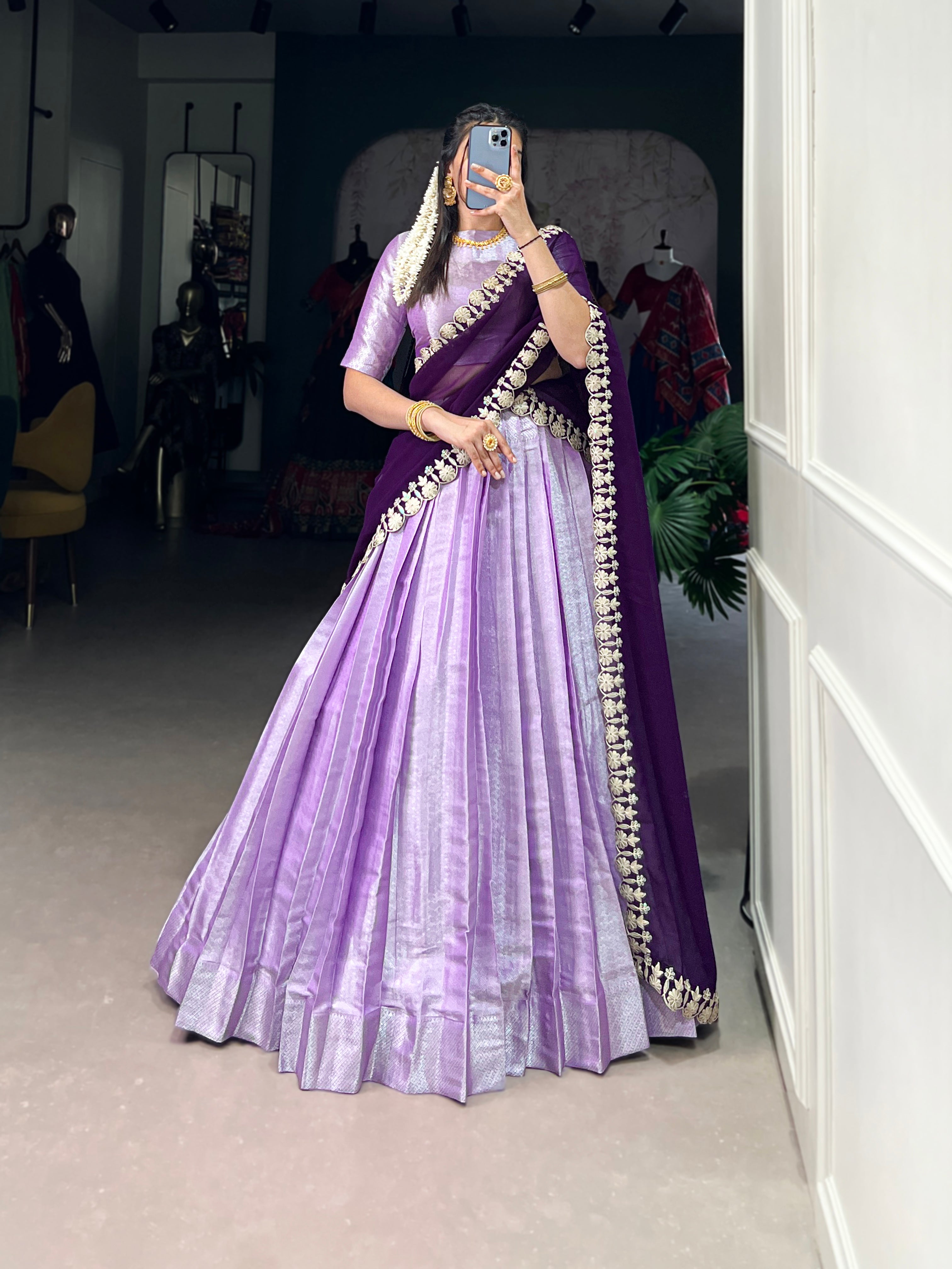 Lorenvalley Lavender Jacquard Silk weaving work Lehenga Choli with Dupatta - Distacart