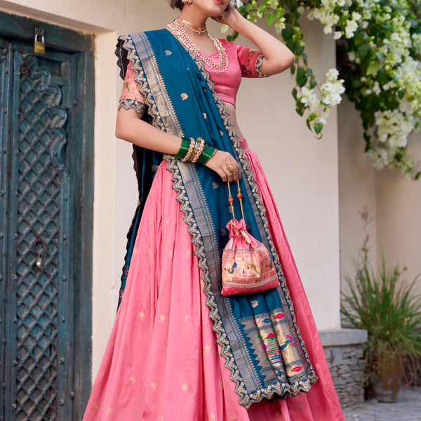 Lorenvalley Light Pink Jacquard Silk Paithani Zari Weaving Work With Sequins and Thread Embroidery Scallop Lace Border Lehenga Choli with Dupatta - Distacart