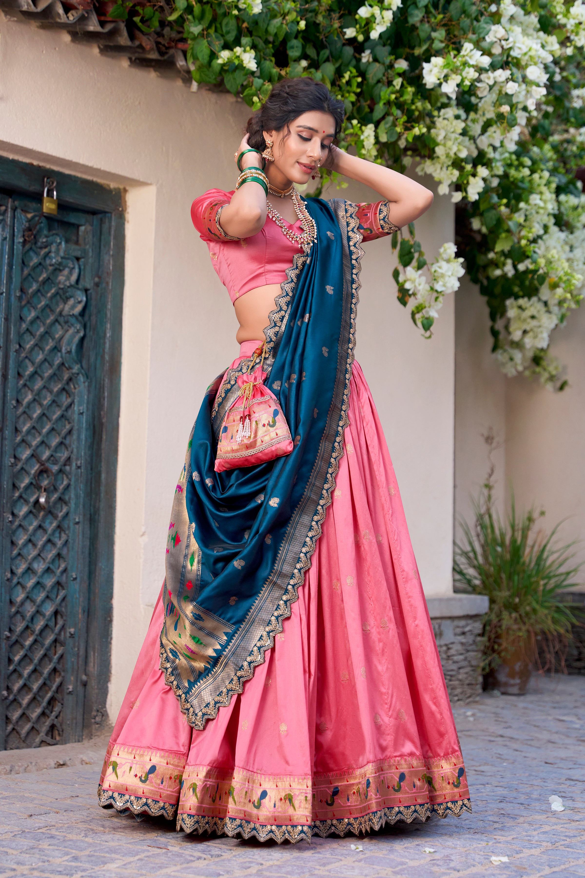 Lorenvalley Light Pink Jacquard Silk Paithani Zari Weaving Work With Sequins and Thread Embroidery Scallop Lace Border Lehenga Choli with Dupatta - Distacart