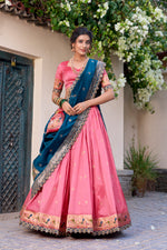 Thumbnail for Lorenvalley Light Pink Jacquard Silk Paithani Zari Weaving Work With Sequins and Thread Embroidery Scallop Lace Border Lehenga Choli with Dupatta