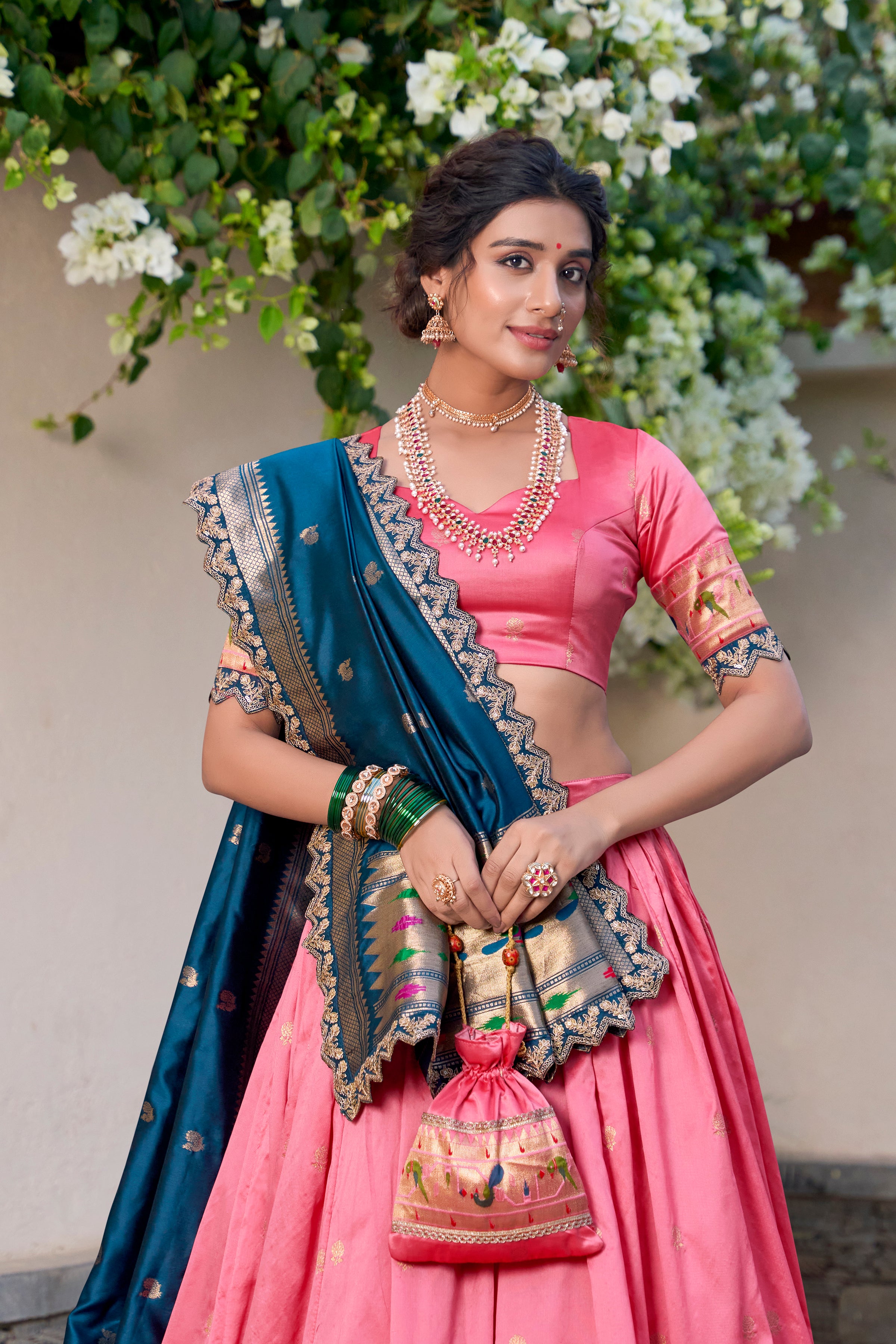 Lorenvalley Light Pink Jacquard Silk Paithani Zari Weaving Work With Sequins and Thread Embroidery Scallop Lace Border Lehenga Choli with Dupatta
